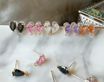 Teardrop glass earring posts, 18k gold plated, zirconia charms, cubic zirconia charms, cute charms for earrings, earring posts with loop