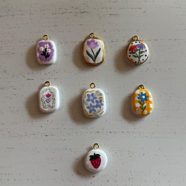 clay charms, painted charms, handmade polymer clay charms, gold clay charms for necklaces, handmade clay beads,