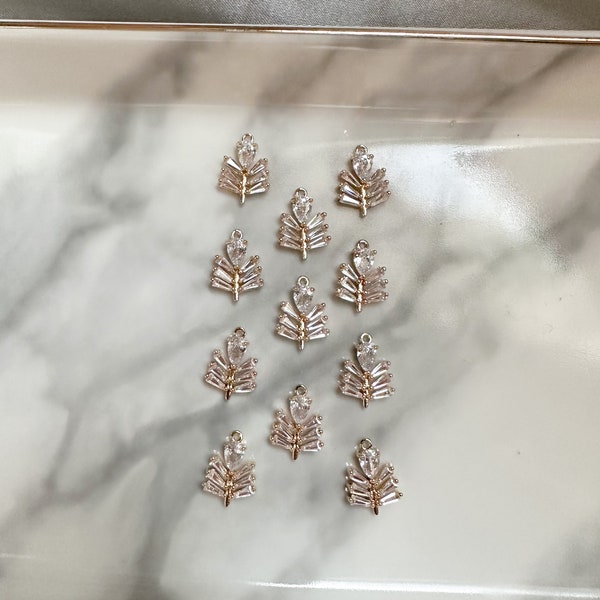 cubic zirconia leaf charms for jewelry, cz pendant charms gold feather earrings components for jewelry making, DIY bridesmaid earrings