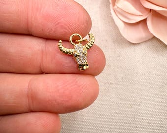 Longhorn cow skull head charm, western necklace charms, cubic zirconia charms for jewelry making, cow charms,