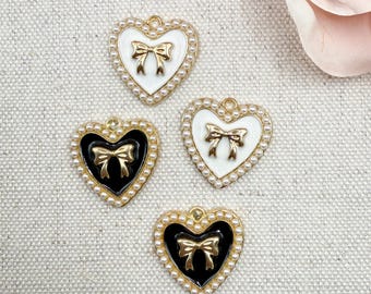 heart bow charms for jewelry making, enamel heart charms, charm bar supplies, necklace charms, gold charms for bracelet