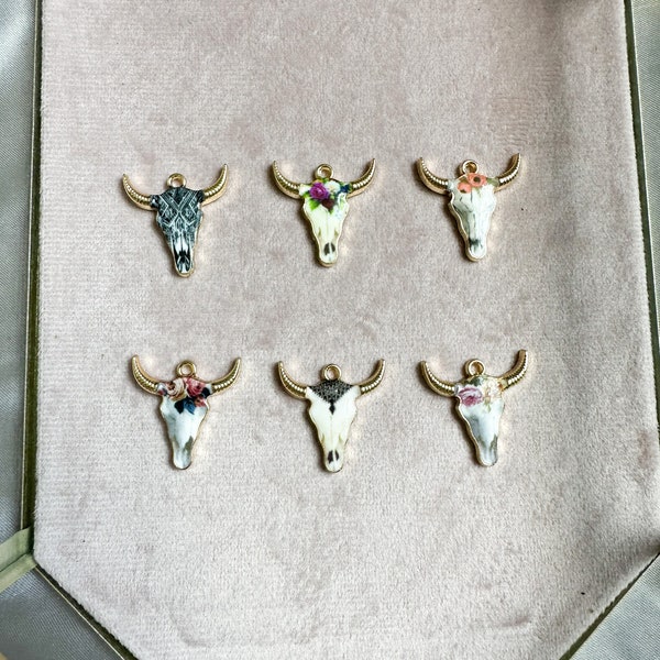 Longhorn cow skull head charm, western necklace charms, enamel charms for jewelry making, cow charms,