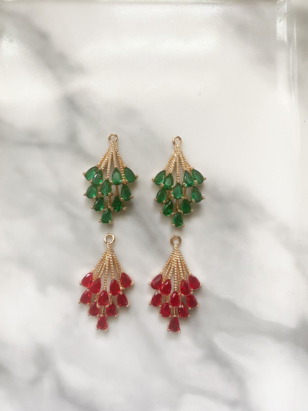 Emerald Green Flower Bouquet Charm for Necklaces, Red Cubic Zirconia