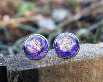 Purple & Gold Stud Earrings, Resin Petri Dish Art