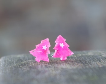 Pendientes rosas de árbol de Navidad, joyas de resina