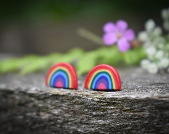 Op de afbeelding: Twee kleurrijke regenboogvormige oorbellen. Elke oorbel heeft een rode buitenboog met gele, groene, blauwe en paarse banden. De oorbellen zijn geplaatst tegen een wazige achtergrond van groen en steen.