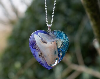 Blue Heart-Shaped Resin Pendant Necklace with Real Crab's Claw And Sterling Silver Chain