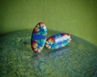 Blue, Green & Orange Polymer Clay Cane Stud Earrings