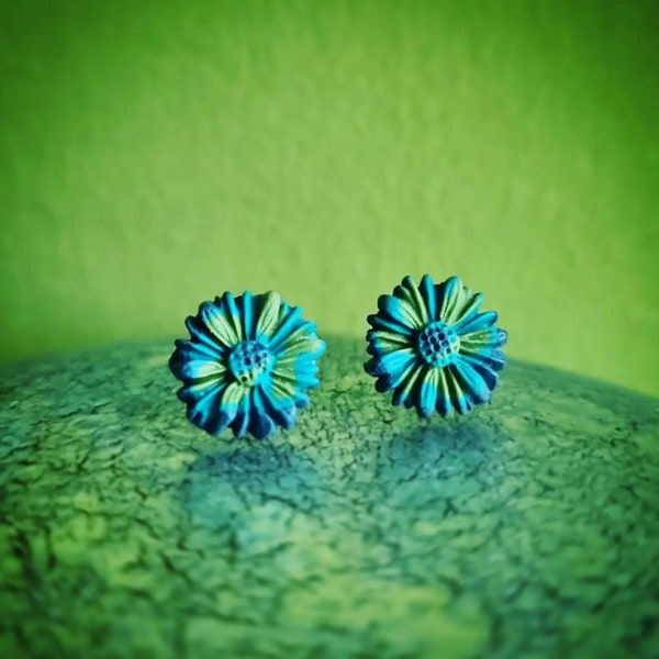 Green & Blue Flower Polymer Clay Stud Earrings