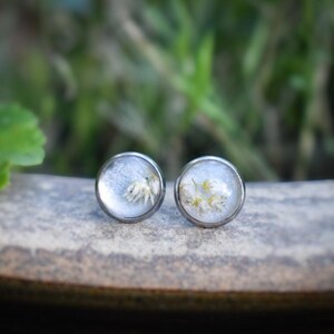 May include: A pair of silver stud earrings with small white flowers pressed inside clear resin.