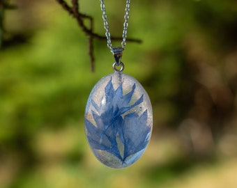 Clear Resin Pendant with Real Corn Flowers and Sterling Silver Chain