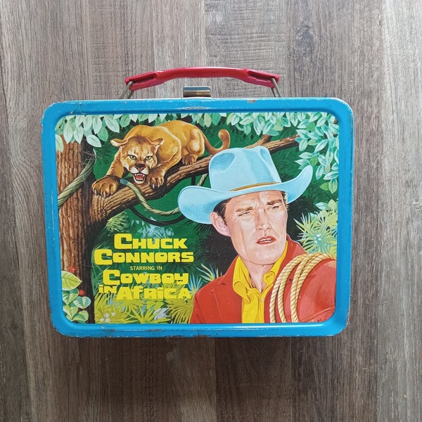 Cowboy in Africa metal lunch box, Chuck Connors lunchbox, metal lunch box with thermos, children's lunch box, collectible lunch box