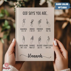 God Says You Are Journal For Women, Personalized Prayer Notebook with Scripture, Custom Name Christian Gift for Girls, Botanical Diary