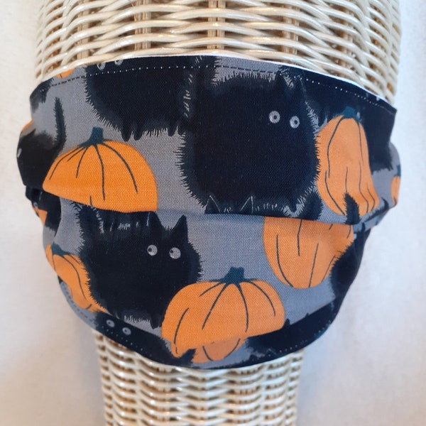 Halloween Face Mask Cats Pumpkin Adult Handmade in USA 100 Percent Cotton Double Layer Reusable Washable