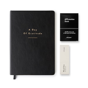 Dankbarkeit und Affirmation Bundle - Dankbarkeit Journal - Affirmations Karten Set - Holz Karten Display - Schwarz