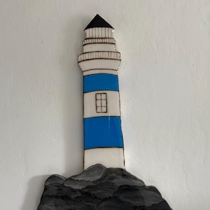 Coastal Lighthouse Wooden wall art in blue and white
