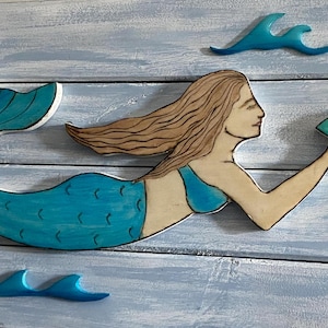 Mermaid in the Waves wooden Coastal wall art