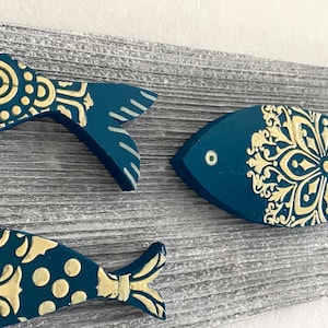 Driftwood and Fish Coastal wall art in deep teal and off white distressed wood