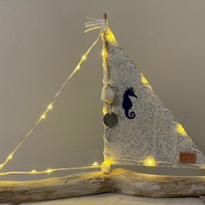 Driftwood Sailboat with seahorse Sail and lights, Coastal Decor, Beach House Decor, Coastal Wedding, Coastal Centerpiece
