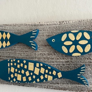 Teal blue and off white wooden  Fish on Distressed board Beach or Lake house wall art