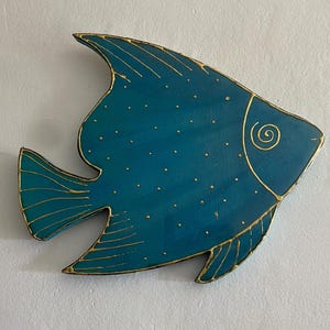 Whimsical Fish Coastal Lake House Wall art in teal and gold