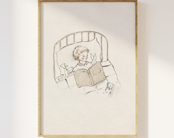 Boy reading in bed with woodland animals print