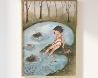 Girl swimming in the pond, summer wall art, nursery decor, Waldorf seasonal table A5 Print