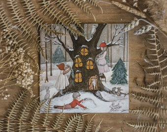 Quercia d'inverno, biglietto di auguri di Natale, bambini che giocano nella foresta, animali del bosco