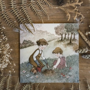 Children gardening greeting card, girl and boy art, siblings, cute spring fine art image 3