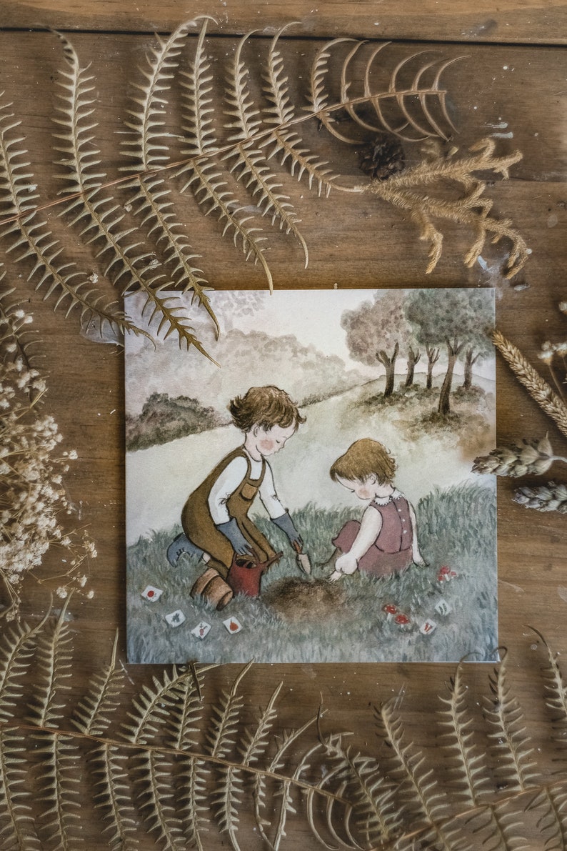 Children gardening greeting card, girl and boy art, siblings, cute spring fine art image 3