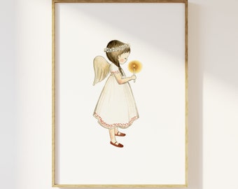 Girl angel wall art, nursery decor, Print