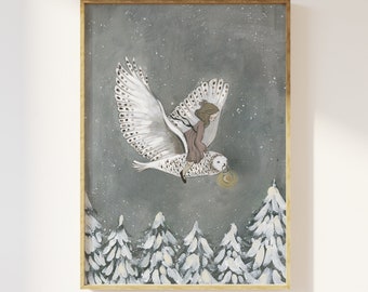 Girl flying with owl, winter night, winter solstice A5 Print