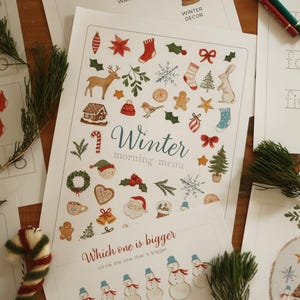 Winter morning menu, kindergarten activity, preschool activity, winter morning basket, toddler busy book, homeschool worksheets