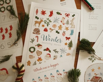 Wintermorgen-Menü, Kindergartenaktivität, Vorschulaktivität, Wintermorgenkorb, Kleinkind-Buch, Arbeitsblätter für die Schule