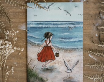 Girl walking at the beach greeting card, summer art, seasonal table