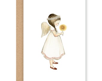 Girl angel greeting card, Christmas art,  winter children's illustration
