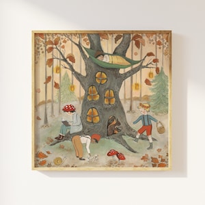 Autumn Oak, Woodland Forest Wall art, children's illustration, square print