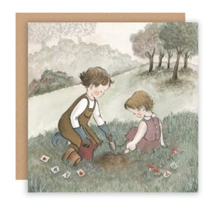 Children gardening greeting card, girl and boy art, siblings, cute spring fine art image 2