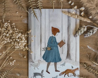 Biglietto di auguri per ragazza che legge nella foresta, illustrazione per bambini, biglietto invernale per animali del bosco