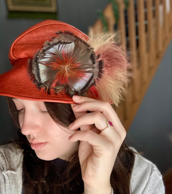 Vintage Red Leather Feather Hat - image 10