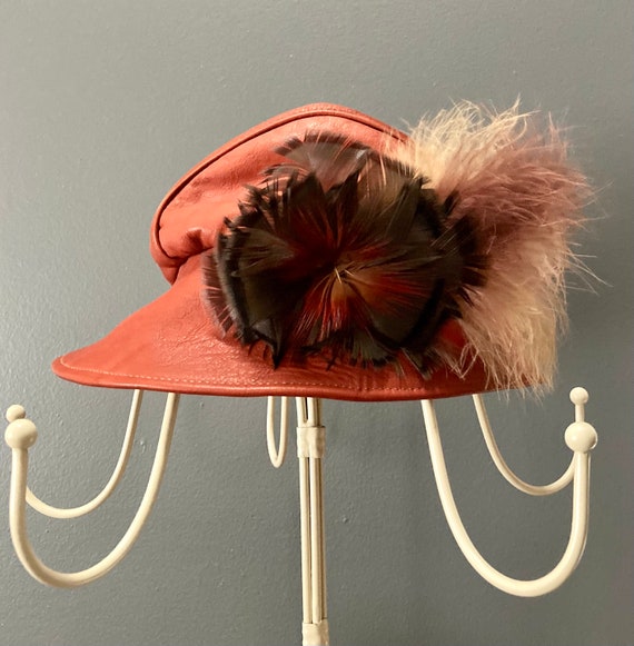 Vintage Red Leather Feather Hat - image 1