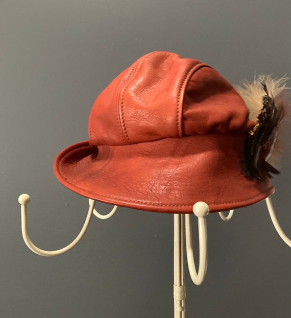 Vintage Red Leather Feather Hat - image 2