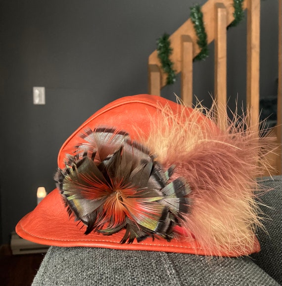 Vintage Red Leather Feather Hat - image 6