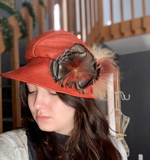 Vintage Red Leather Feather Hat - image 9