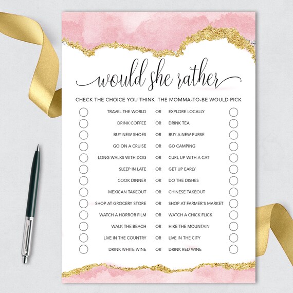 Would She Rather Baby Shower Game Pink Gold Vein Baby Shower Etsy