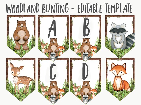 Woodland Bunting Editable Baby Shower Decorations Forest Etsy