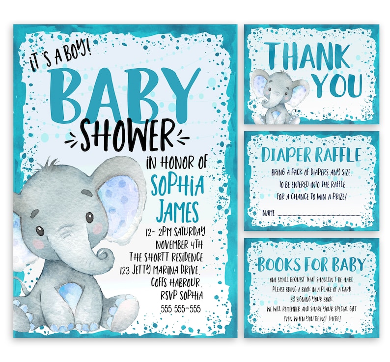 DIY Printable Invitation Set Elephant Baby Shower Invitation Pack A105 Digital Party Blue Invite Diaper Raffle Card Books for Baby Card