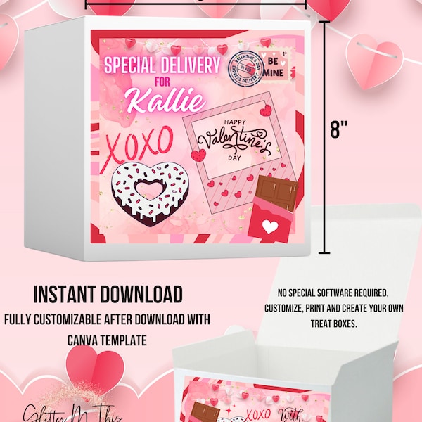 Personalized Valentine's Day Treat Box DIGITAL FILE, Valentines Box for Her, Custom Treat Box for Valentines, Valentines Gift Box template