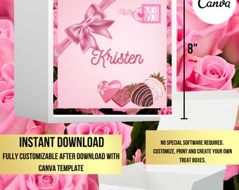 バレンタインデーのお菓子ボックスのパーソナライズテンプレート、Canva編集（デジタルファイル）