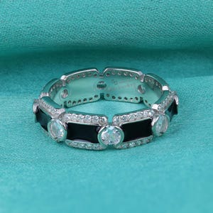 Black Onyx and Eternity Band Ring, Art Deco Style Silver Band with Round, Unique Stackable Fashion Jewelry for Women, November 21 Birthstone